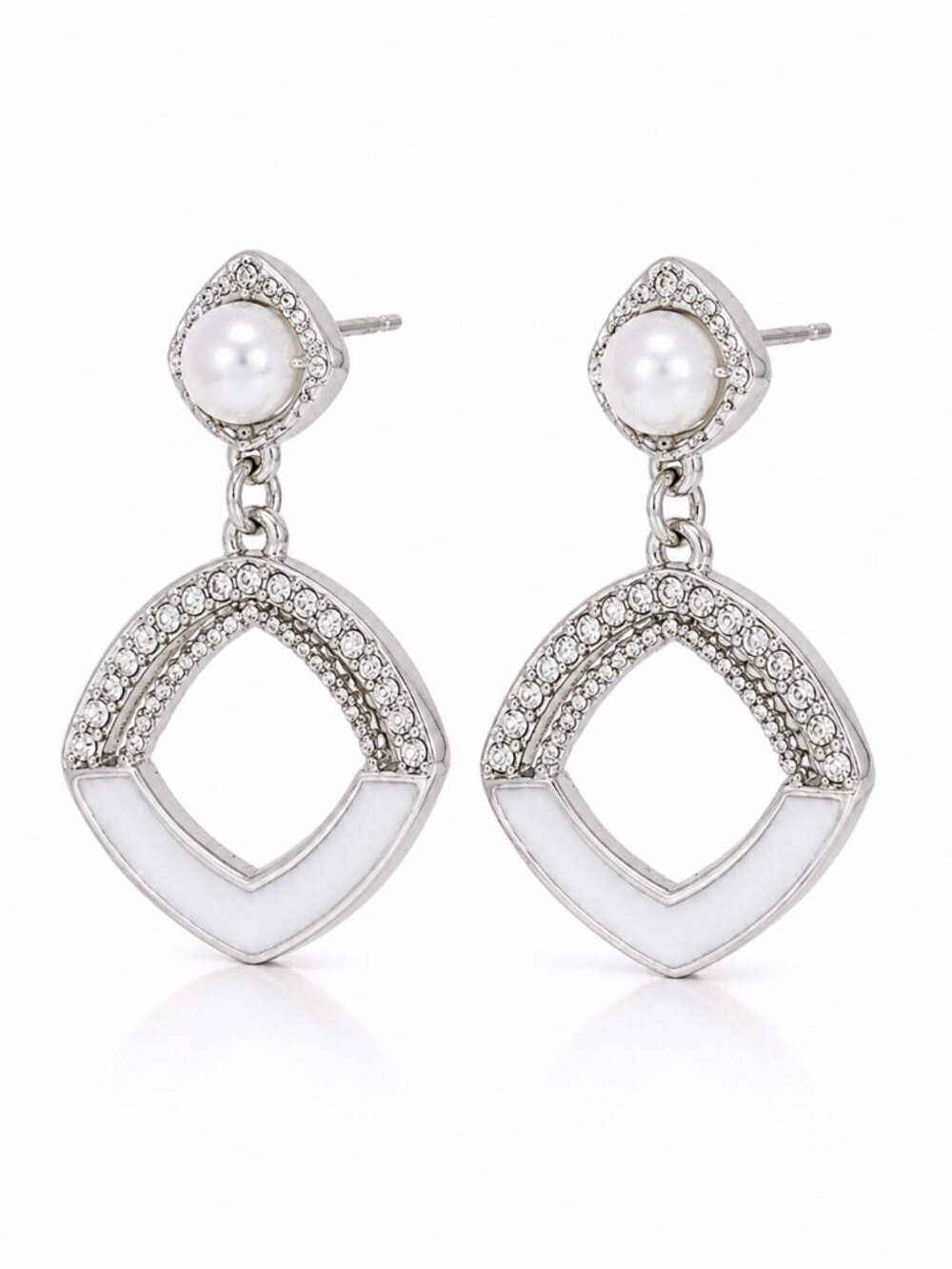 Tuckernuck Silver Pearl Rhinestone Geometric Enamel Drop Earrings